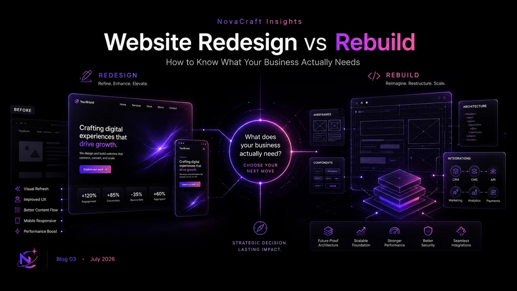 A split interface showing an outdated website transforming into a modern redesigned and rebuilt digital experience.