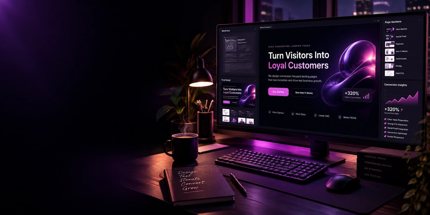 A monitor showing a landing page design beside its wireframe, with a panel listing the page sections.