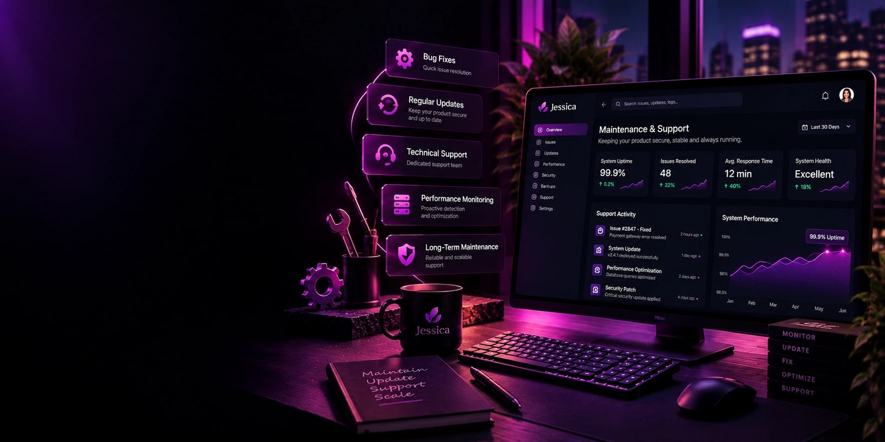 A monitor showing a maintenance and support dashboard with uptime, resolved issues and recent activity.