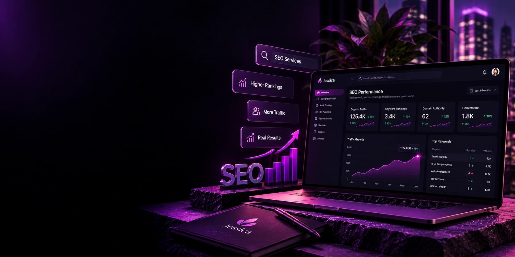 A laptop showing an SEO performance dashboard with traffic growth and keyword ranking tables.