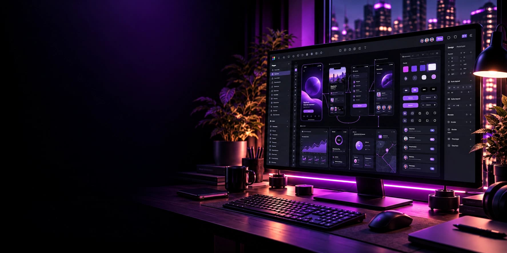 A monitor showing mobile app screens arranged as a connected user flow, with component and style panels alongside.
