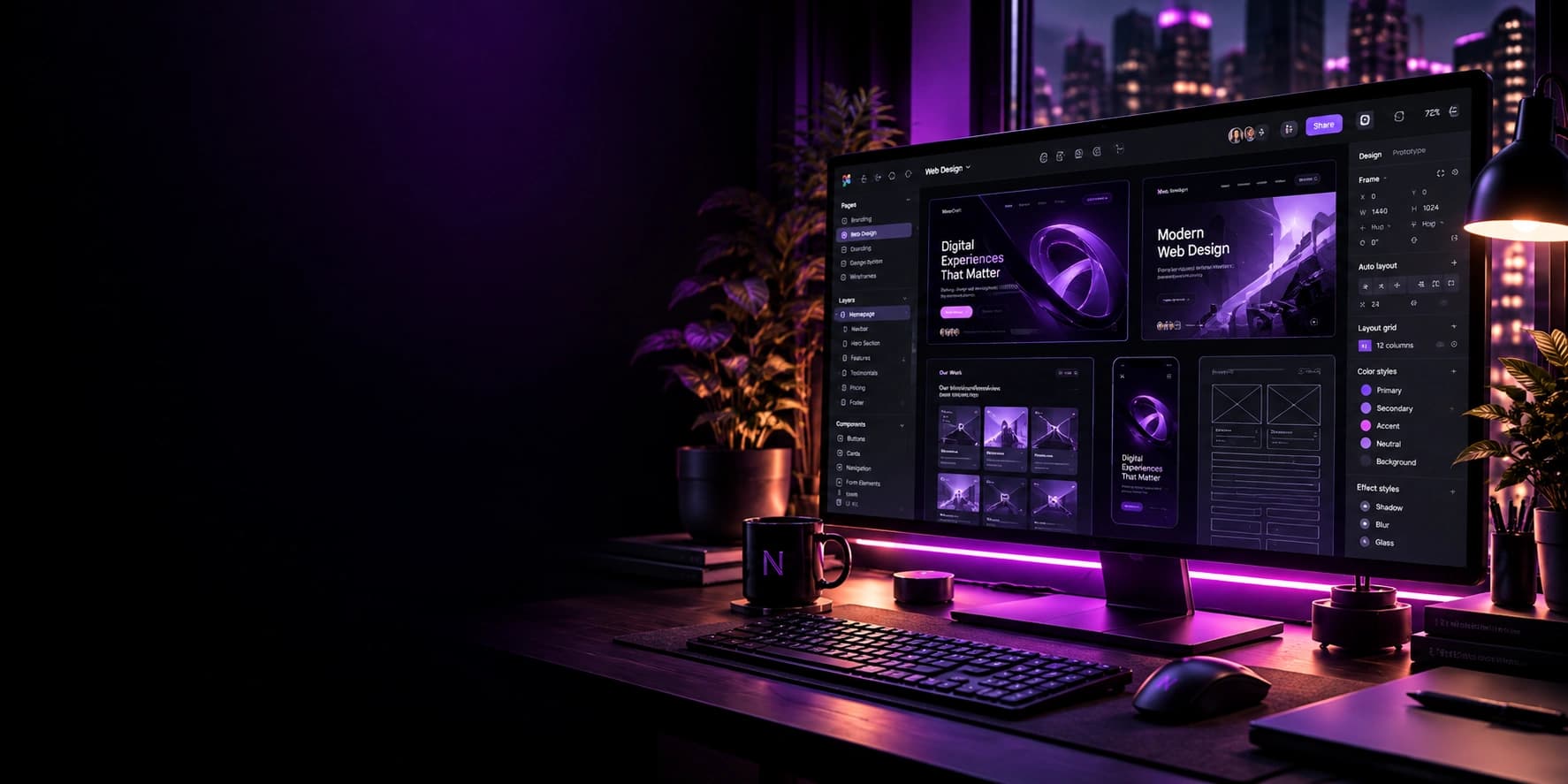 A desk at night with a monitor showing a NovaCraft web design file open in a layout tool, colour and type styles pinned beside it.