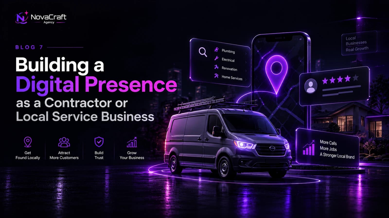 A contractor van, a map pin, and a review panel connected to a website, illustrating how local service businesses build an online presence.