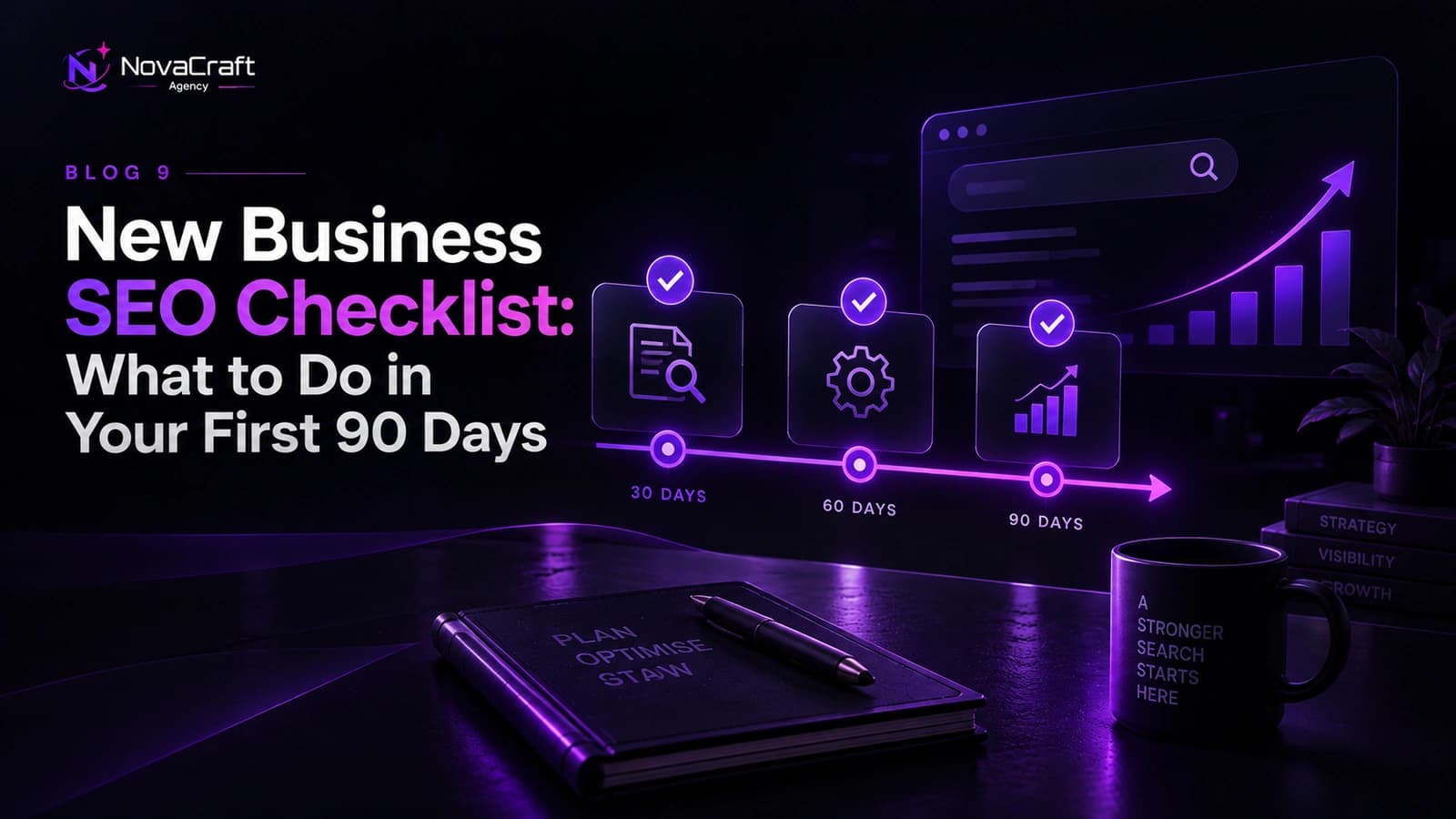 A ninety day timeline with checklist markers and a rising search graph, illustrating the SEO foundations a new business builds first.