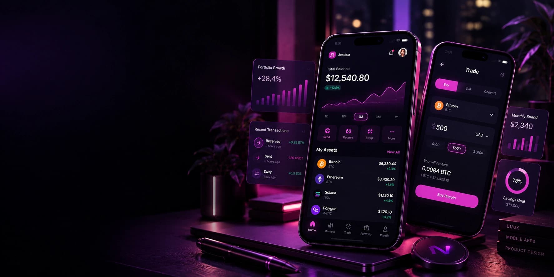 Three phone screens from a mobile finance app, showing a balance summary, a trade screen and portfolio cards.