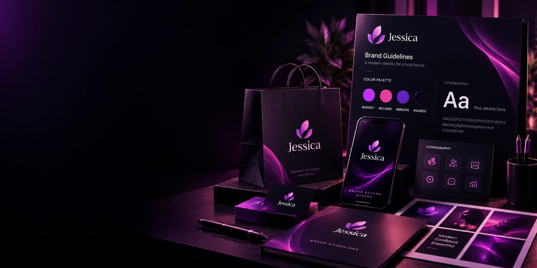 A brand identity laid out on a desk: a guidelines board with colour palette and typography, a carrier bag, business cards and a phone.