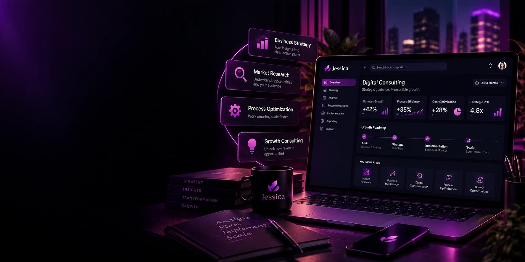 A laptop showing a digital consulting dashboard with a growth roadmap and key focus areas.