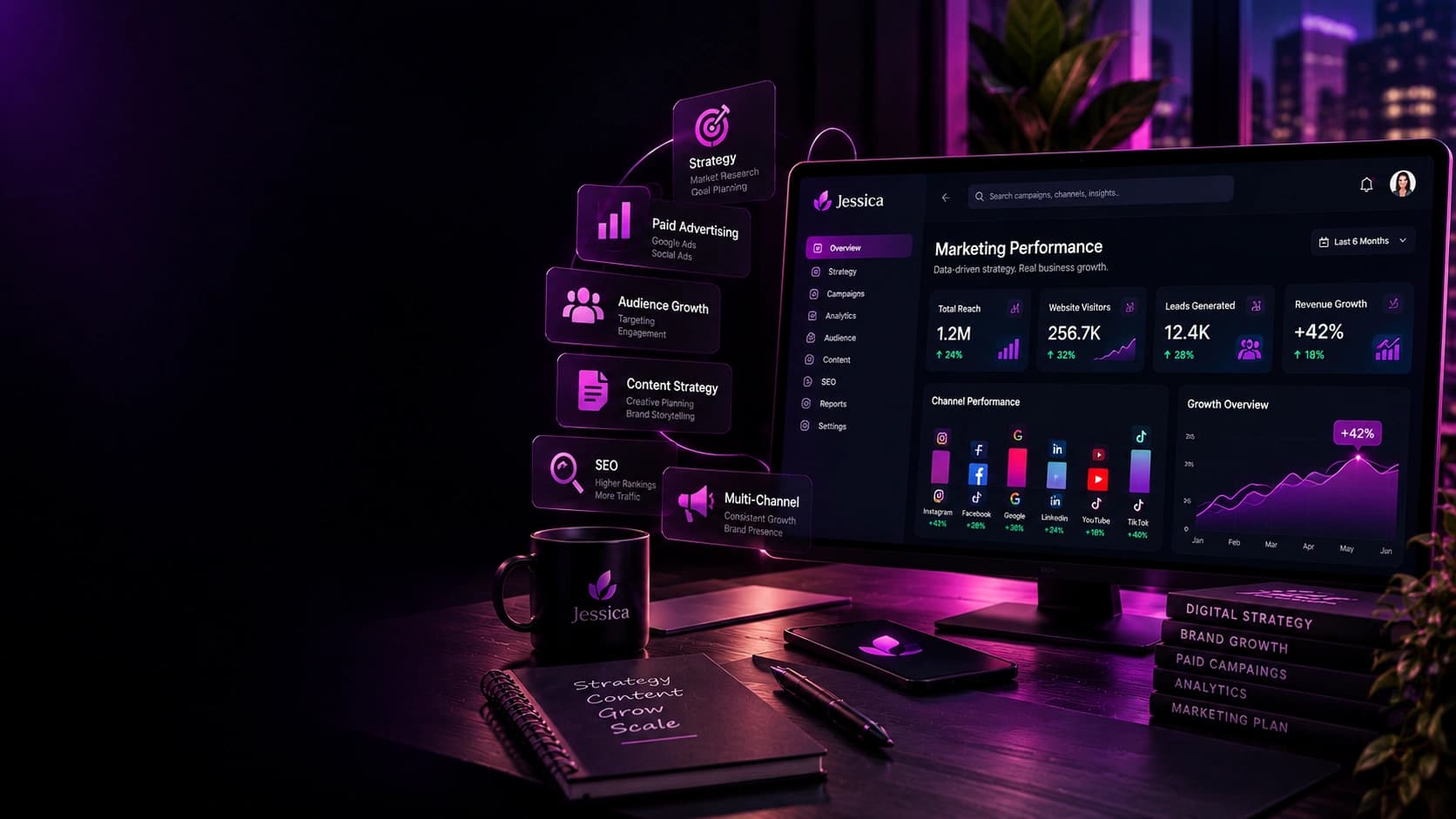 A monitor showing a marketing performance dashboard with channel results and growth over time.