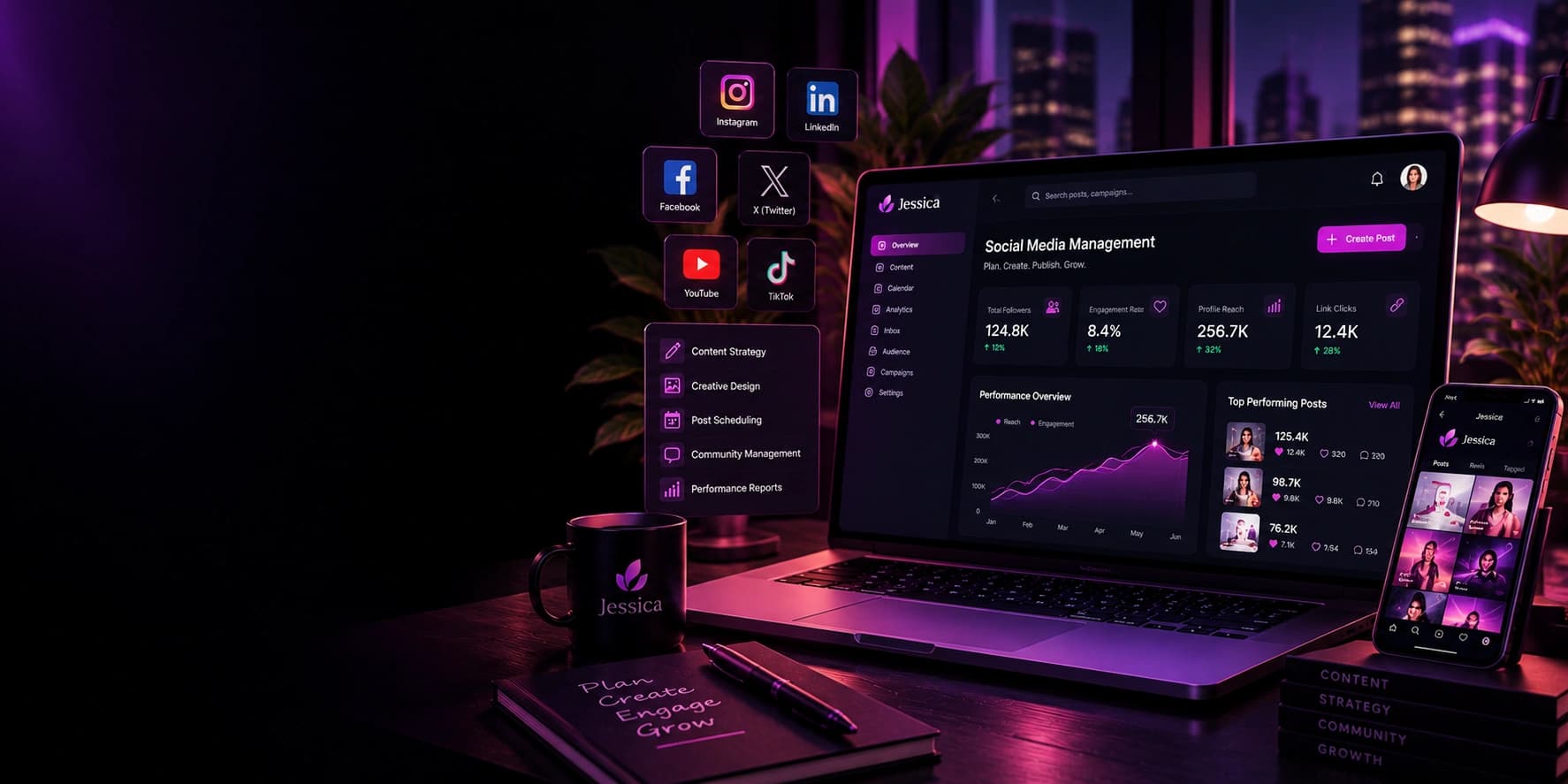 A laptop showing a social media management dashboard with channel performance and scheduled posts, beside a phone.