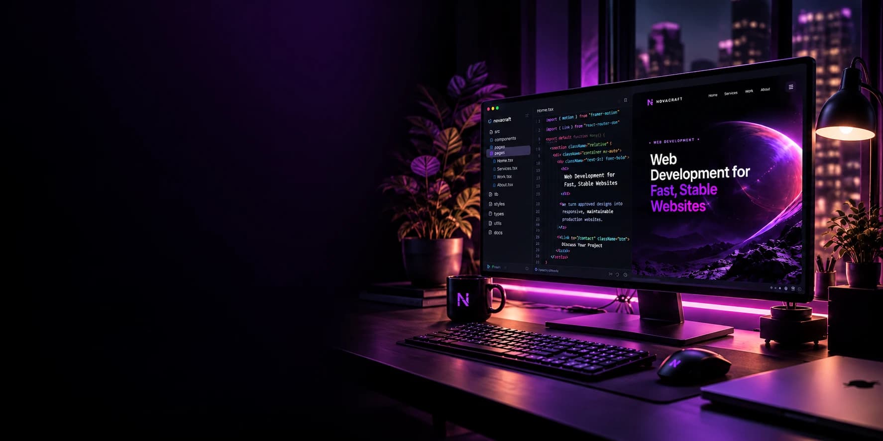A monitor on a desk at night showing the NovaCraft web development page beside the source code that builds it.