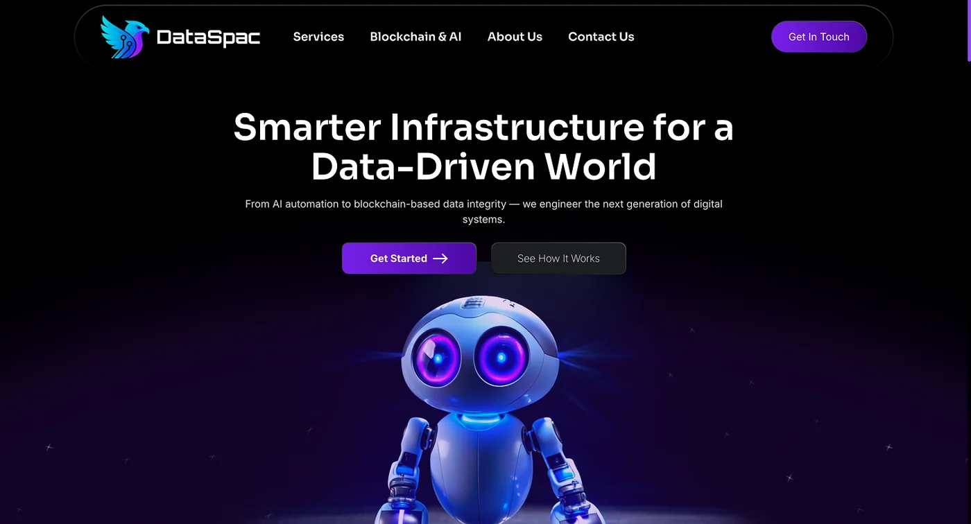 The DataSpac Agency homepage, headlined “Smarter Infrastructure for a Data-Driven World” above a 3D robot illustration