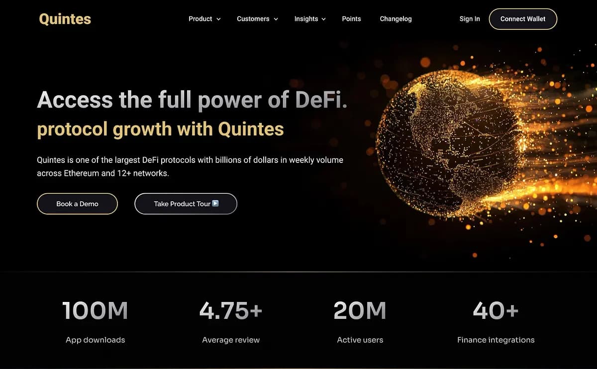 A DeFi protocol landing page reading “Access the full power of DeFi”, with a glowing particle sphere and a stats row
