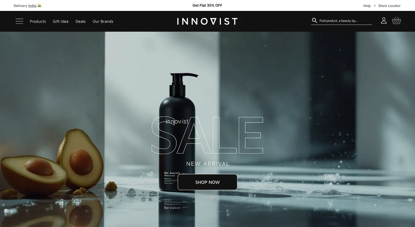 The Innovist storefront showing a serum bottle on a reflective surface beside a “Sale - new arrival” message