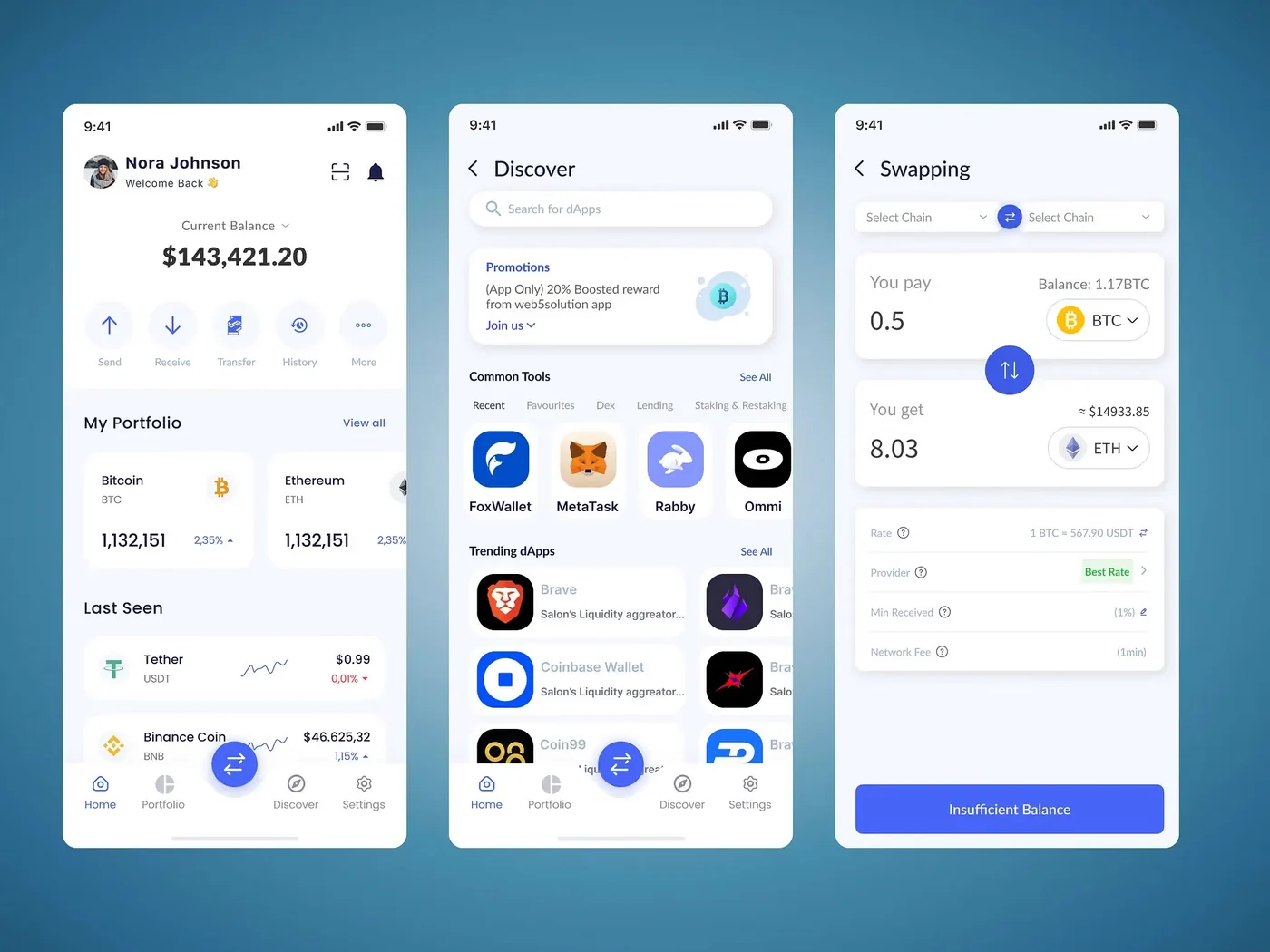 Three phone screens from a crypto wallet app: a portfolio balance, a token discovery list, and a swap flow