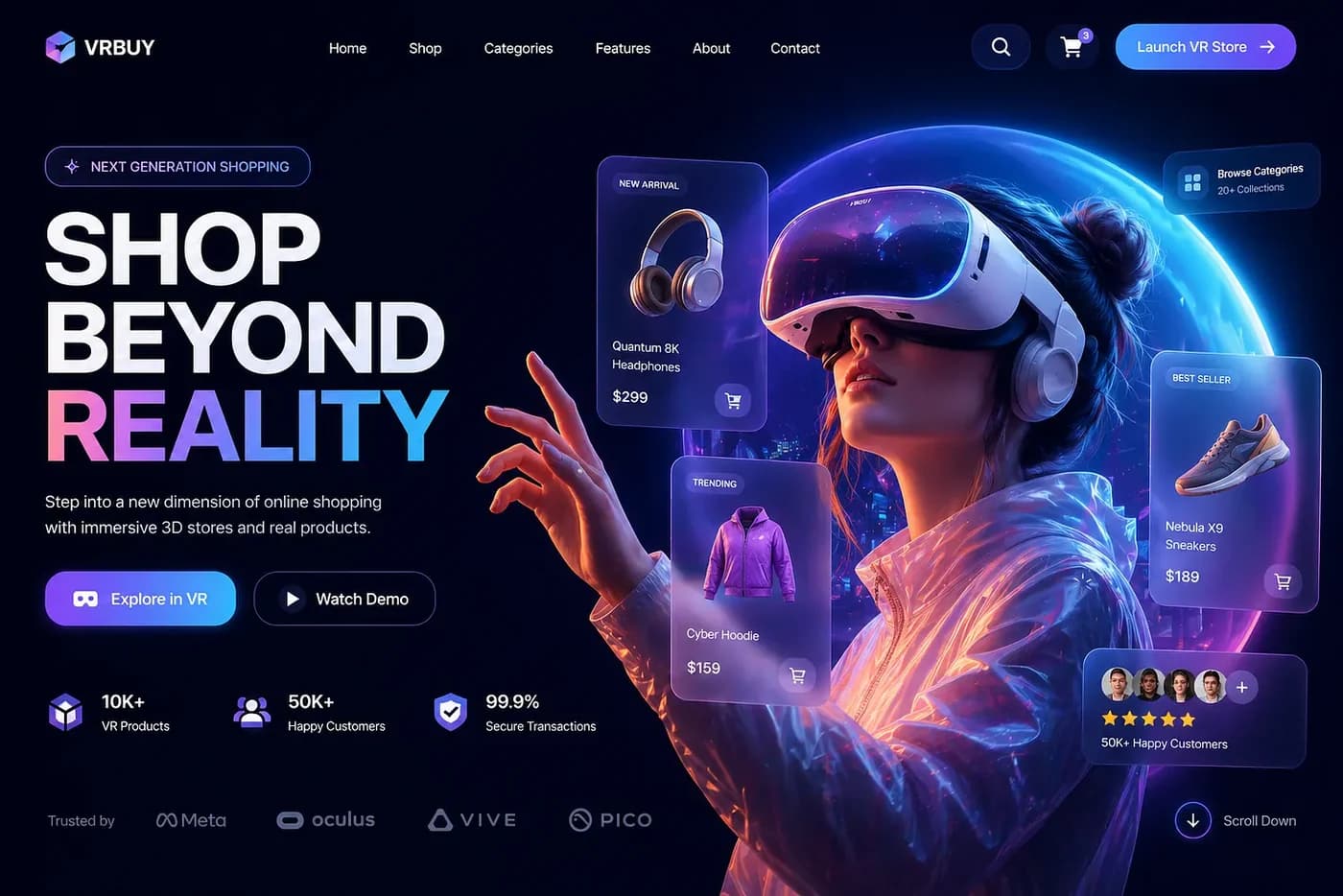 The VRBuy storefront headlined “Shop Beyond Reality”, showing a shopper in a VR headset surrounded by floating products